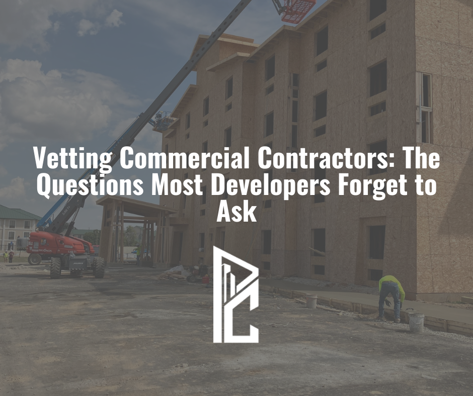 Vetting commercial contractors blog header showing construction site with Pro Commercial logo and developer questions title