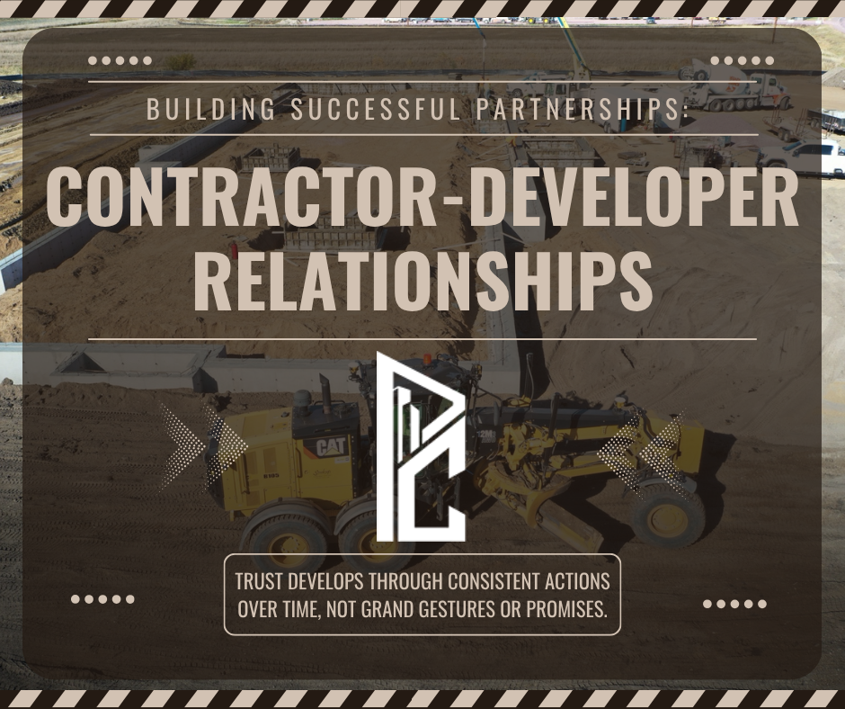 Building successful partnerships blog header showing contractor developer relationships with Pro Commercial logo and construction site aerial view with trust quote