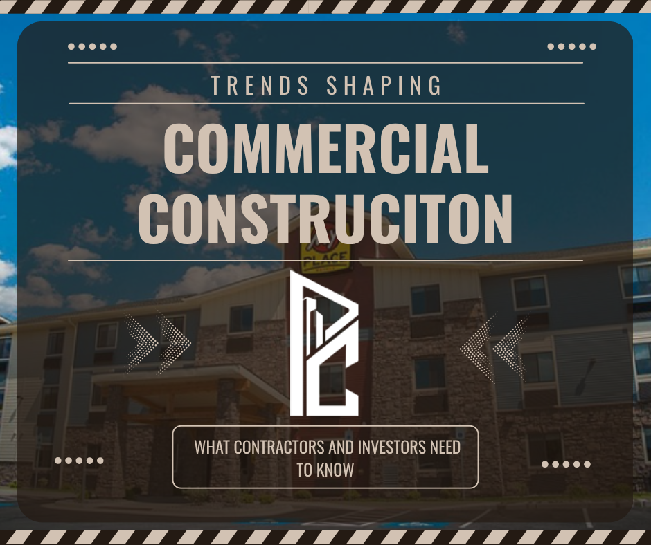 october-2025-trends Aerial view of commercial construction project with text overlay reading "Trends Shaping Commercial Construction - What Contractors and Investors Need to Know" and Pro Commercial logo