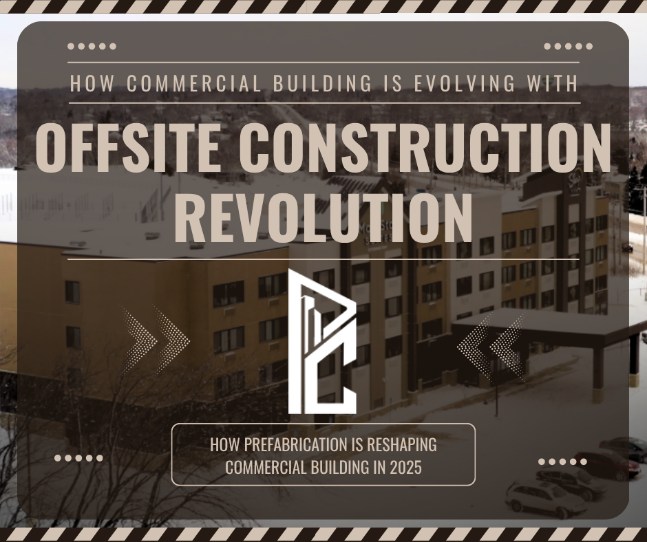Pro Commercial graphic with text reading "How Commercial Building is Evolving with Offsite Construction Revolution - How Prefabrication is Reshaping Commercial Building in 2025" overlaid on construction site background