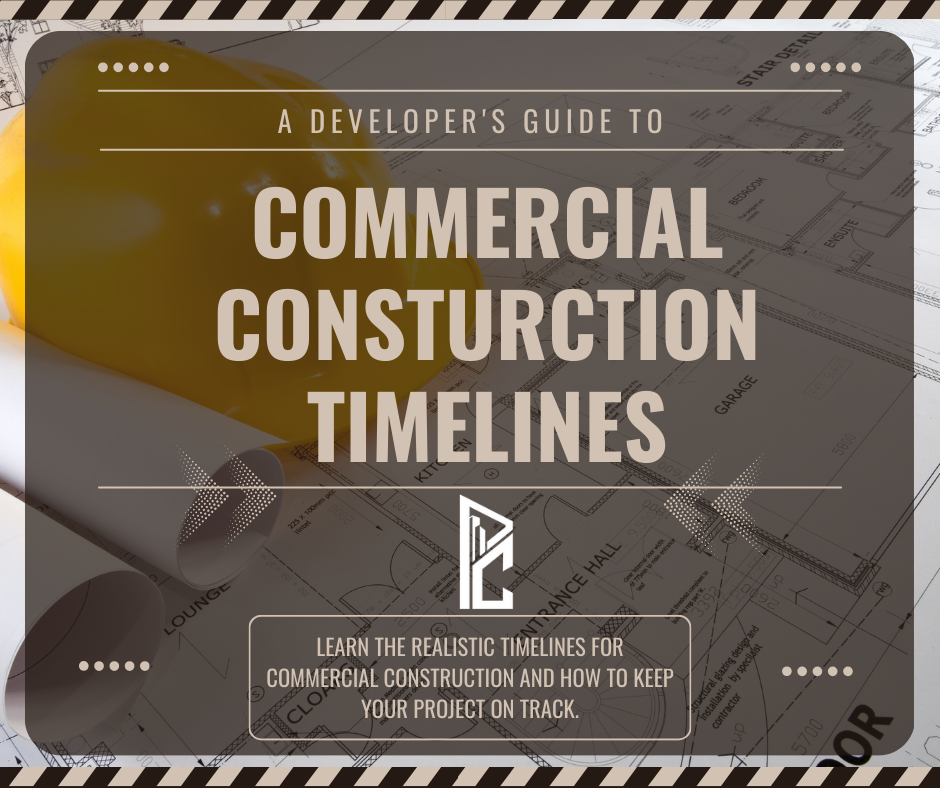 Commercial construction timelines developer guide showing contractors reviewing building plans with Pro Commercial logo and realistic timeline planning message