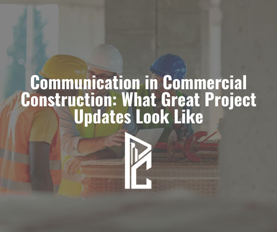 Commercial construction project updates blog header with contractor team discussing progress and Pro Commercial branding